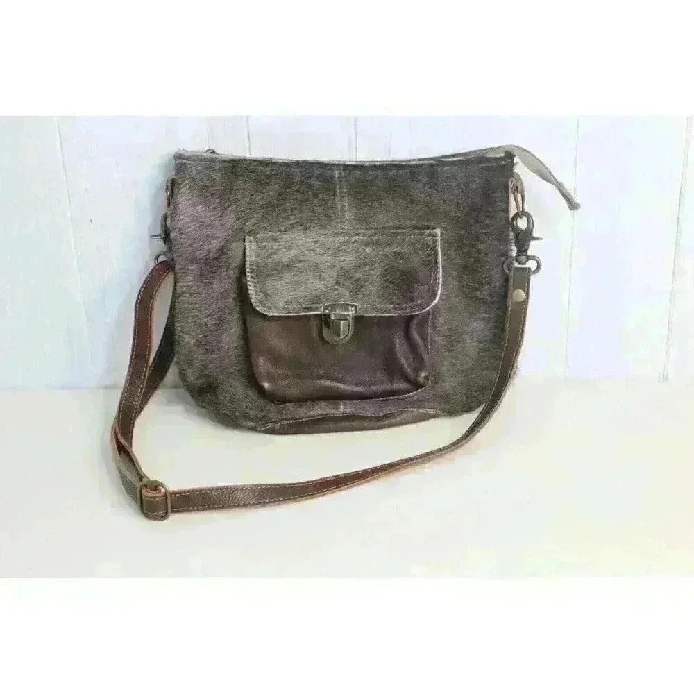 Myra Bag Western Cowgirl On Hide Leather Medium Brown Satchel Crossbody‎ Purse